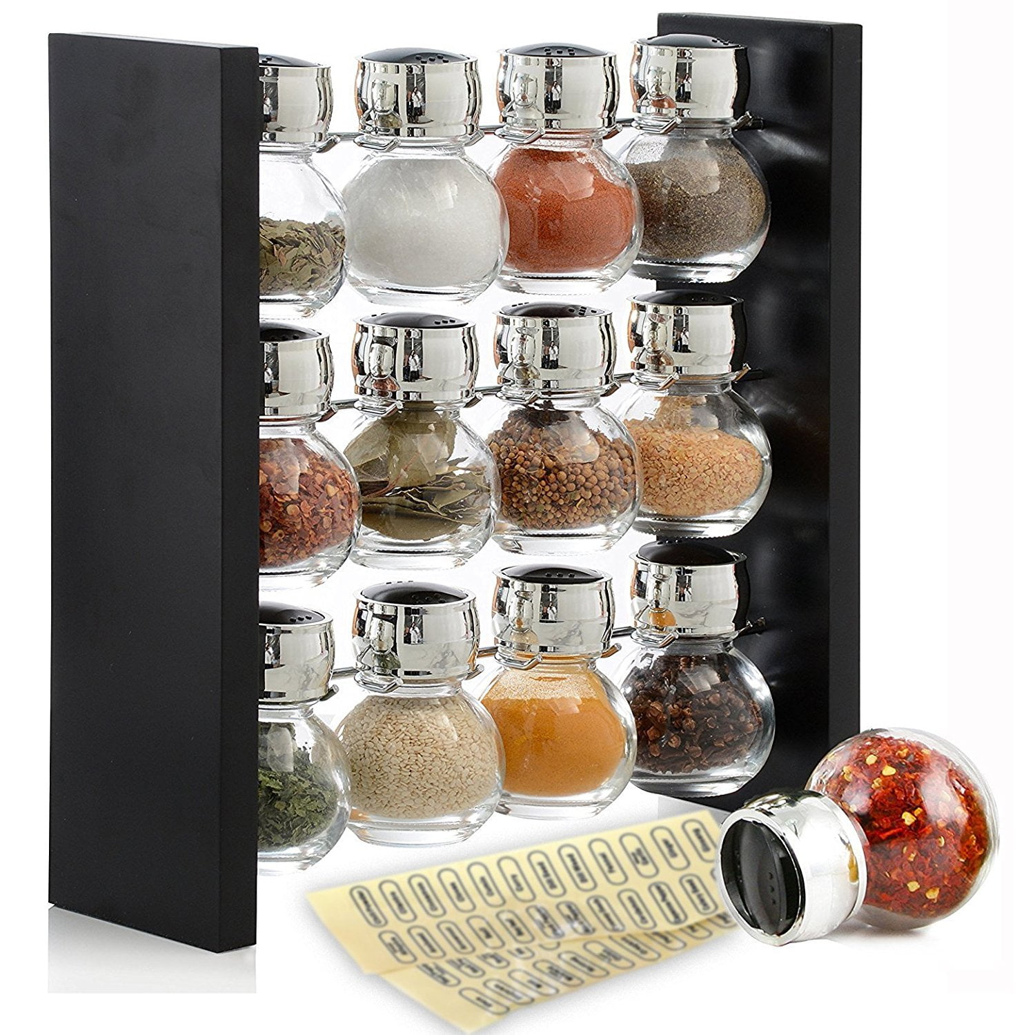 Spice Rack Stand with 12 Clear Glass Bottles Sleek and Kitchen