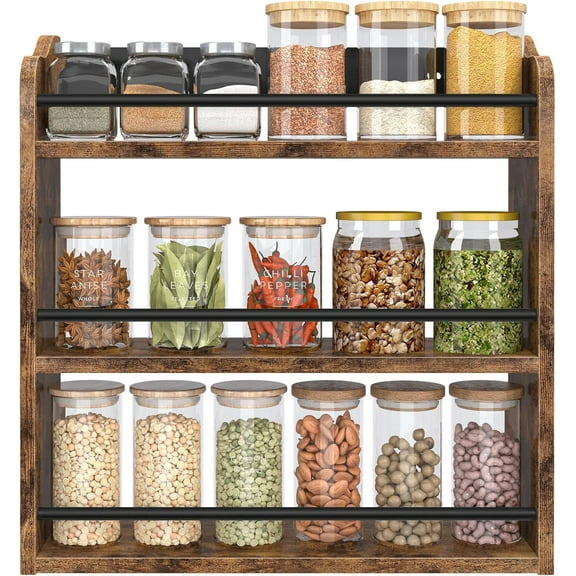 Spice Rack Wall Mounted, Wood 3 Tier Spice Rack for Countertop, Vertical Spice Organizer for Spice Jars and Seasonings, Hanging Spice Shelf for Kitchen Cabinet, or Pantry, Rustic Brown