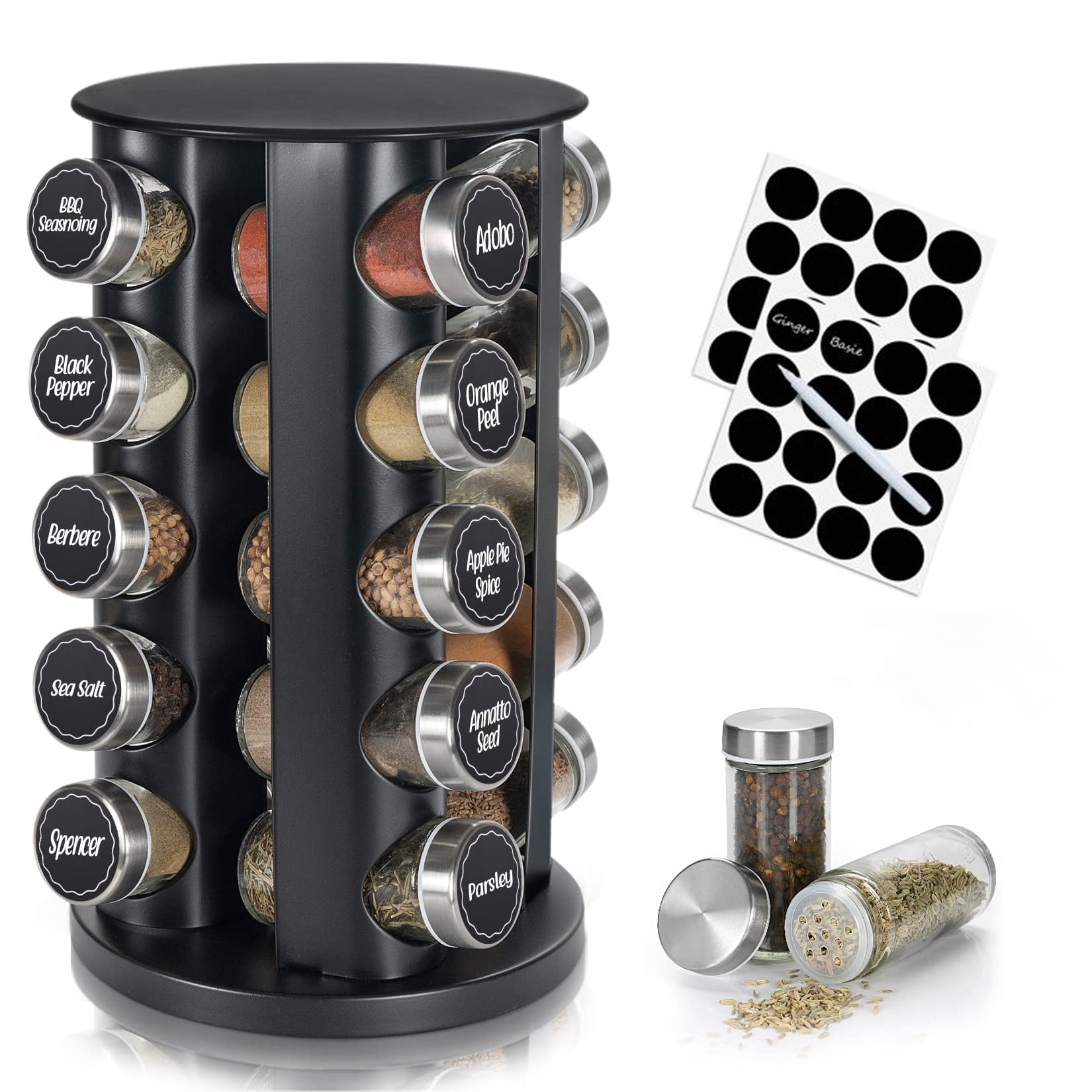 Rotating Spice Rack with 20 Blank Glass Jars Set - Stainless Steel Standing Seasoning Spice Jar Storage Organizer for Kitchen Countertop (Silver)