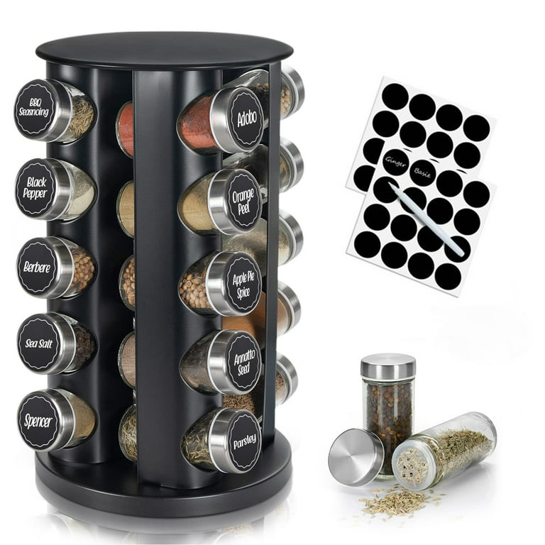 Spice Rack with 20 Jars, Rotating Spice Rack Organizer, Seasoning Organizer  with Labels, Stainless Steel Spice Carousel for Kitchen Countertop, Black 
