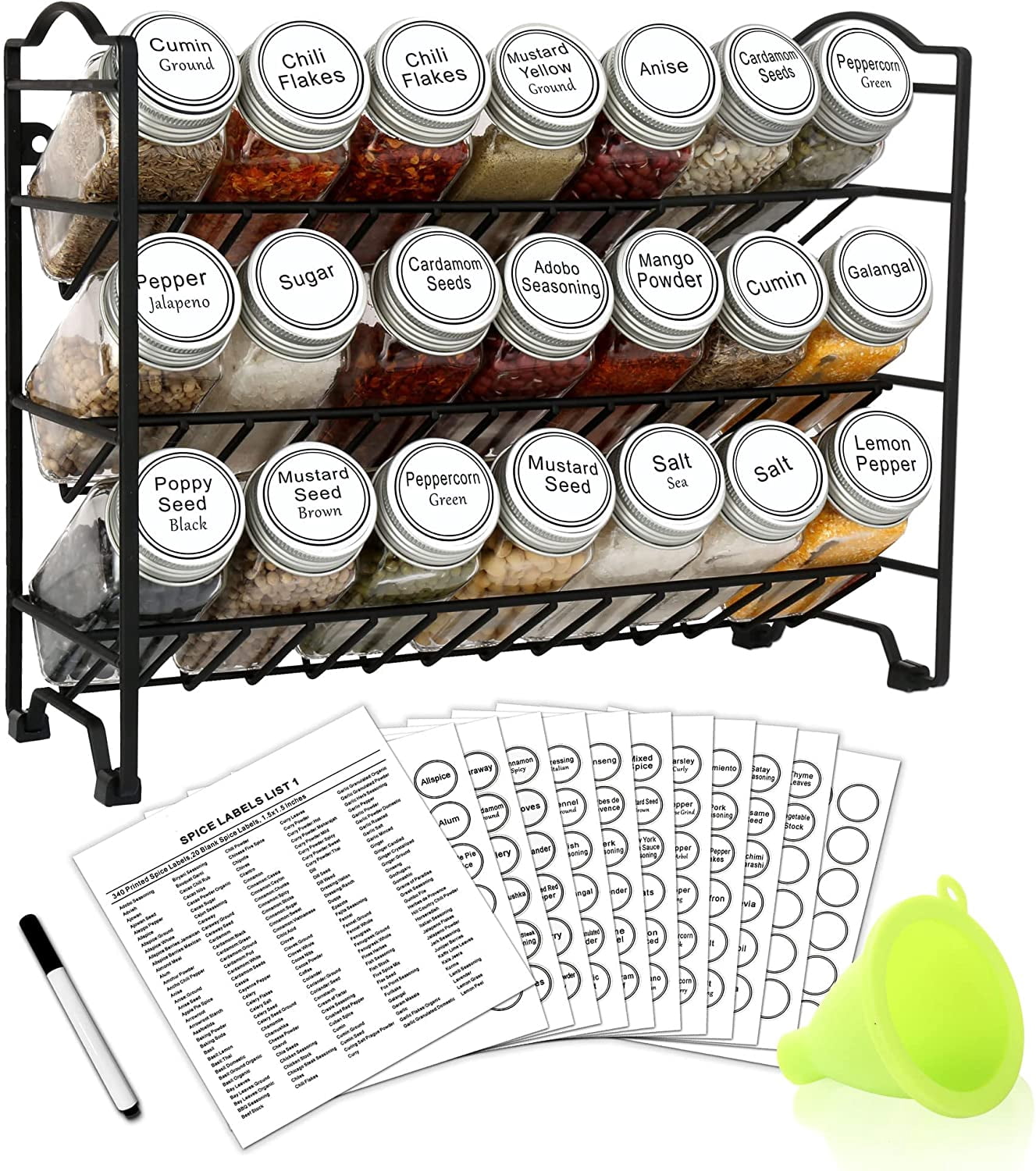 Countertop Jar Rack Spice Rack with Jars - 21 Glass Spice Jars with 386 Spice Labels, 3 ...