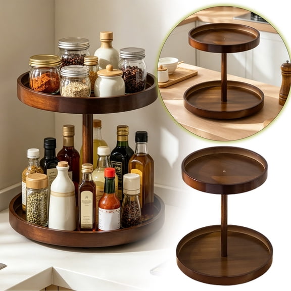 Spice Rack with Raised Edges 2-Tier Wooden Lazy Susan Turntable Organizer 360 Rotating Tray for Kitchen Countertop Pantry Cosmetics and Desk Storage