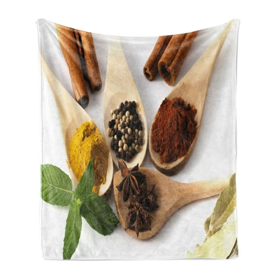 Spice Soft Flannel Fleece Throw Blanket, Artistically Arranged in Spoons with Cinnamon Sticks and Leaves Healthy Lifestyle, Cozy Plush for Indoor and Outdoor Use, 60" x 80", Multicolor, by Ambesonne