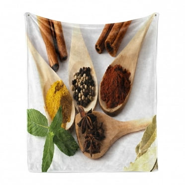 Spice Soft Flannel Fleece Throw Blanket, Artistically Arranged in Spoons with Cinnamon Sticks and Leaves Healthy Lifestyle, Cozy Plush for Indoor and Outdoor Use, 70" x 90", Multicolor, by Ambesonne