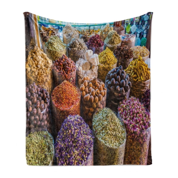 Spice Soft Flannel Fleece Throw Blanket, Dried Herbs Flower Spices in the Bazaar in Deira Dubai Traditional Tastes, Cozy Plush for Indoor and Outdoor Use, 50" x 70", Multicolor, by Ambesonne