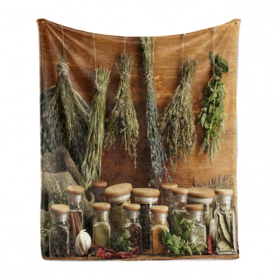 Spice Soft Flannel Fleece Throw Blanket, Dried Herbs and Pepper Hanging and Ingredients in Jars on a Wooden Background, Cozy Plush for Indoor and Outdoor Use, 50" x 60", Multicolor, by Ambesonne