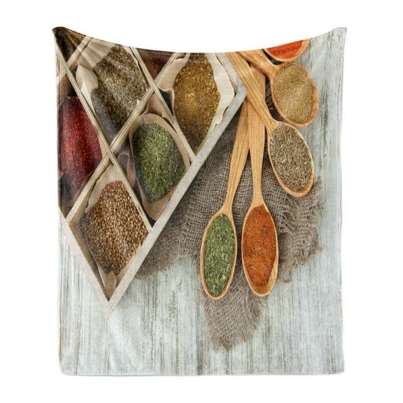 Spice Soft Flannel Fleece Throw Blanket, Shot of Spices Assortment in Wooden Spoons and Box Cultural Food, Cozy Plush for Indoor and Outdoor Use, 50" x 60", Multicolor, by Ambesonne