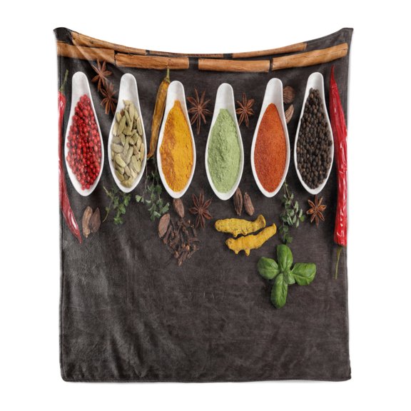 Spice Soft Flannel Fleece Throw Blanket, Top View Image of Aromatic Herbs and Spices Arranged Horizontally Tastes Folk Food, Cozy Plush for Indoor and Outdoor Use, 50" x 60", Multicolor, by Ambesonne