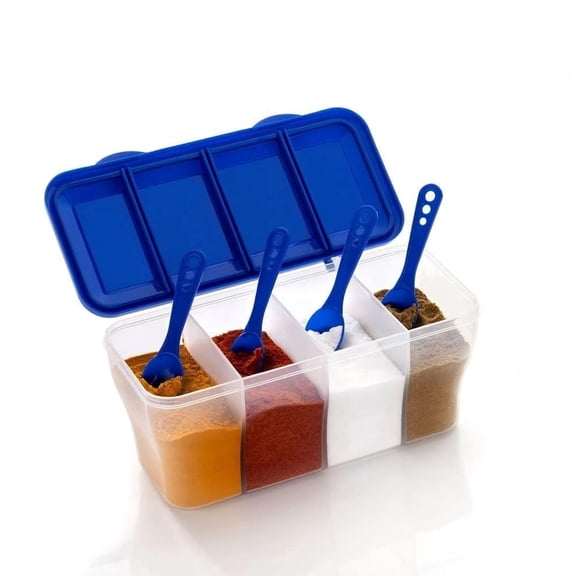 Spice Storage Container with 4 Spoons & Flip Lid | Food Grade Plastic Seasoning Box | Kitchen Masala Organizer | Airtight Spice Keeper 4-Compartment