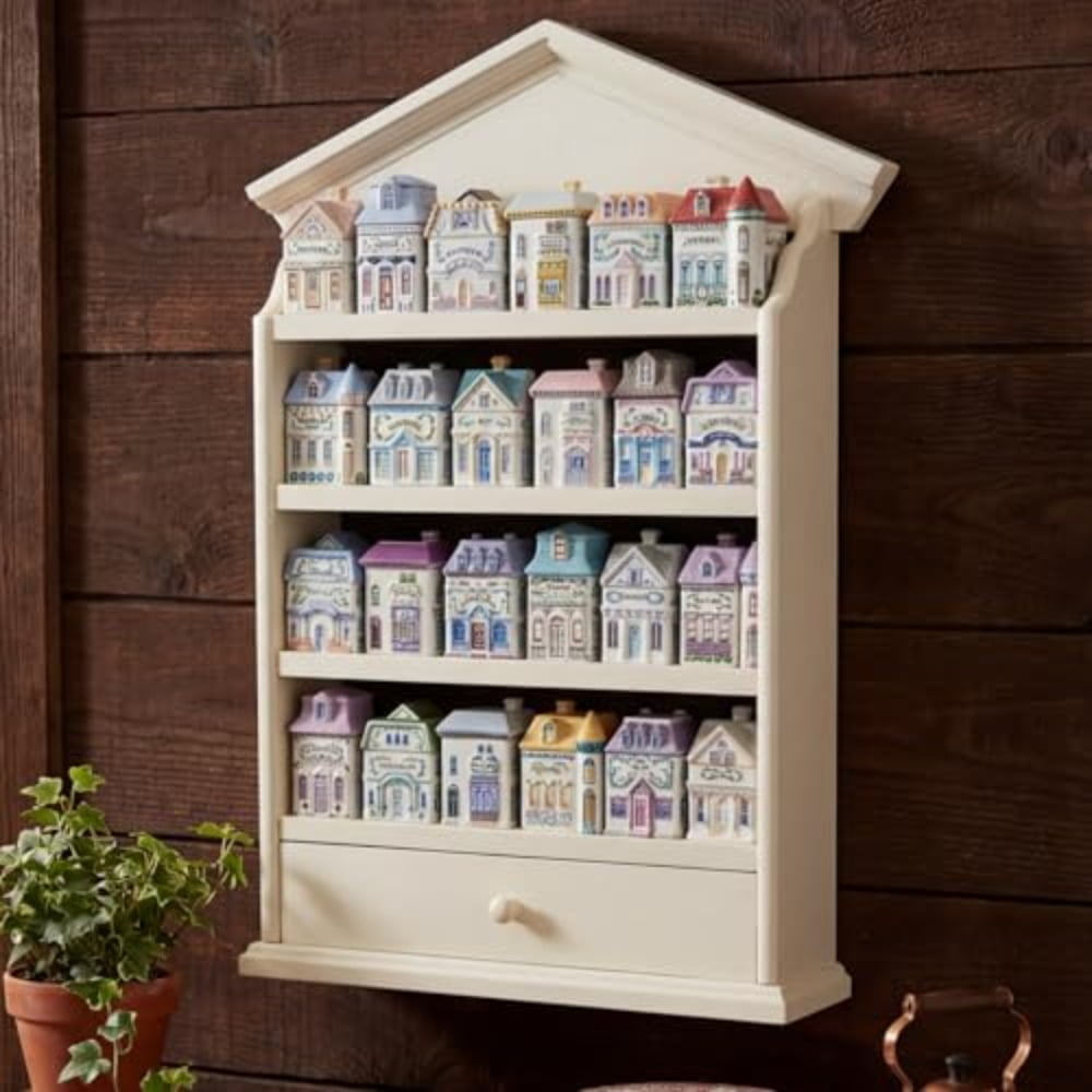 Spice Village Wooden Rack 22 x 17 x 4 Inch with 4 Shelves and Drawer for Wall Mounting Kitchen Storage Spice Village Display Shelf for 24 Jars Shelf Only White Classic