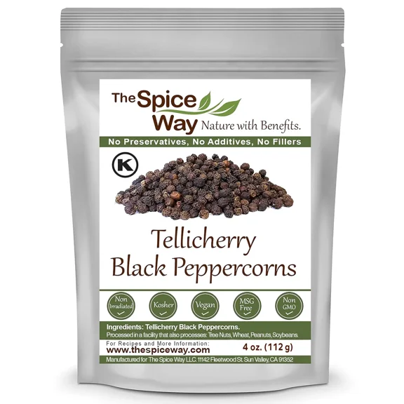 The Spice Way Whole Tellicherry Black Peppercorns 4 oz - Cuisine Spice Blend, All Natural, Resealable Pouch