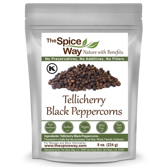 The Spice Way Whole Tellicherry Black Peppercorns 8 Oz. – European, Middle Eastern, Asian, and American Cuisine Spice Blend All Natural