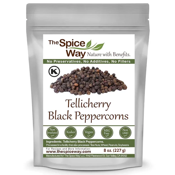 The Spice Way Whole Tellicherry Black Peppercorns 8 Oz. European, Middle Eastern, Asian, and American Cuisine Spice Blend All Natural