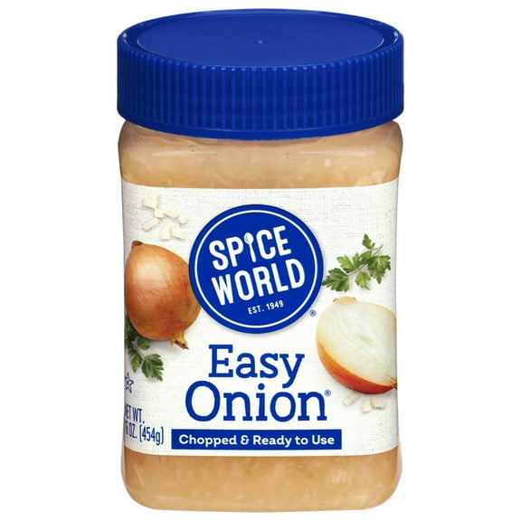 Spice World Easy Chopped Onion 16 oz Jar. Easy Onion offers a value added experience when not wanting to chop a fresh onion.