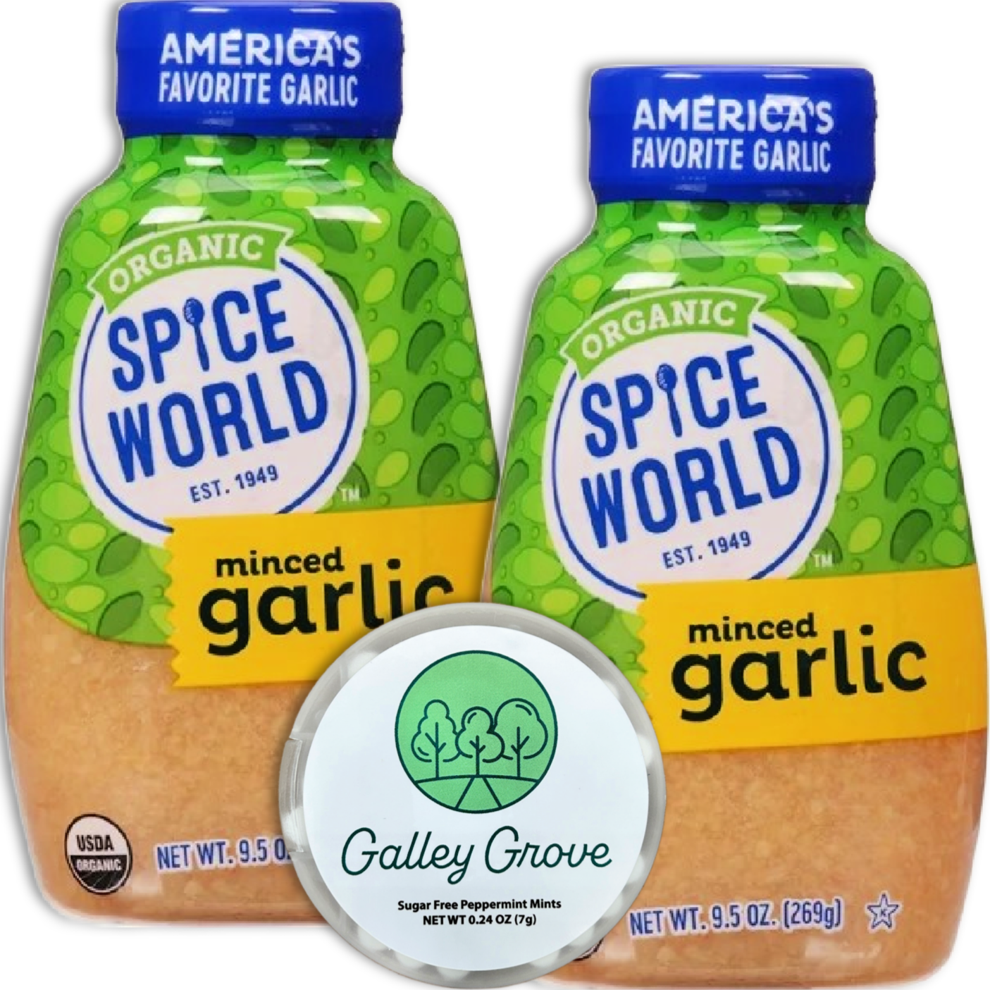 Spice World Organic Minced Garlic (2-Pack) - 9.5 oz Squeeze Bottles, Includes Galley Grove Sugar Free Peppermint Breath Mints
