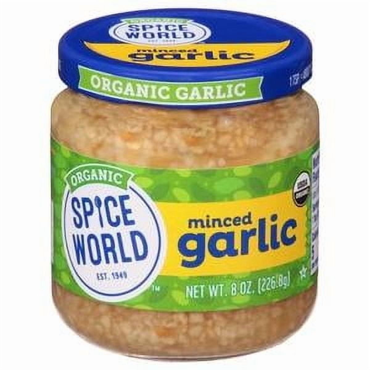Spice World Organic Minced Garlic – 8oz Garlic Container, USDA Certified Organic Garlic with Non-GMO Ingredients – Ready-to-Use Seasonings for Cooking, Reduce Prep Work and Easily Add Flavor