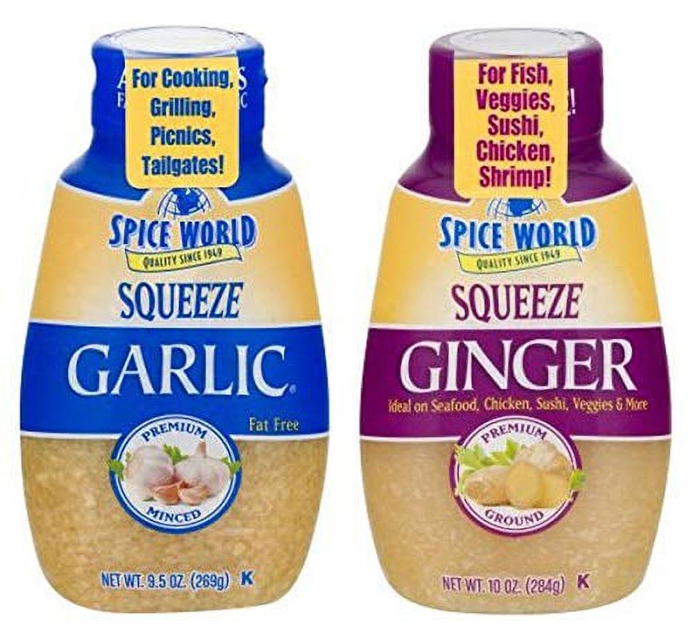 Spice World Squeeze Bundle Premium Ground Ginger (10 Oz.) & Premium Garlic (9.5 Oz.)