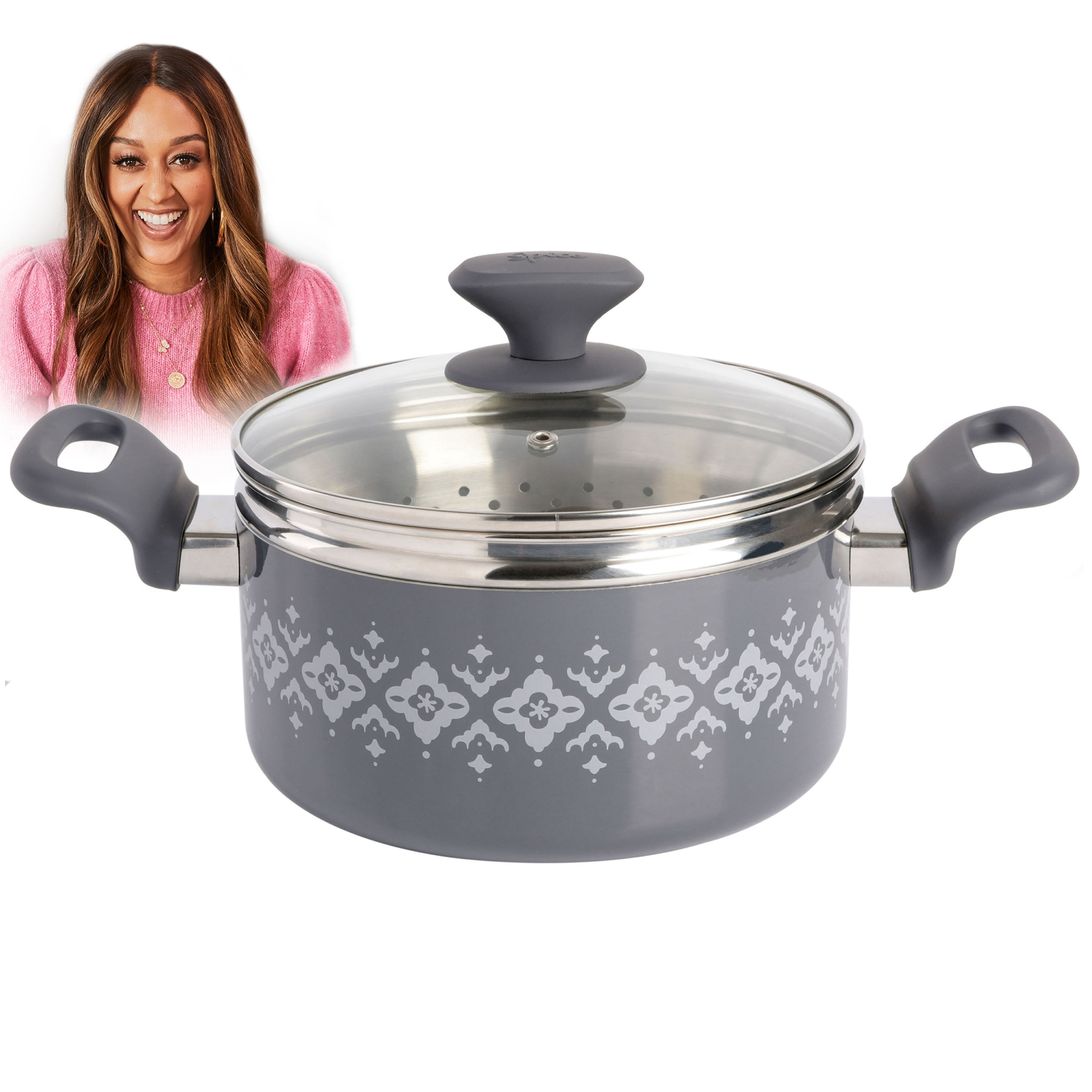 Spice by Tia Mowry - Healthy Nonstick Ceramic 3QT Charcoal Aluminum Dutch  Oven with Steamer 