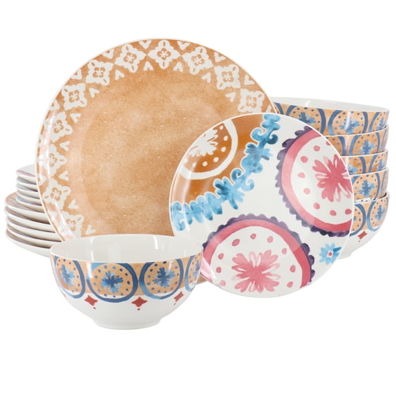 Spice by Tia Mowry Savory Saffron 18 Piece Round Fine Ceramic Dinnerware Set in Honey Gold