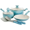 thumbnail image 1 of Spice by Tia Mowry Savory Saffron 7 Piece Ceramic Nonstick Aluminum Cookware Set with Nylon Utensils in Light Blue, 1 of 8