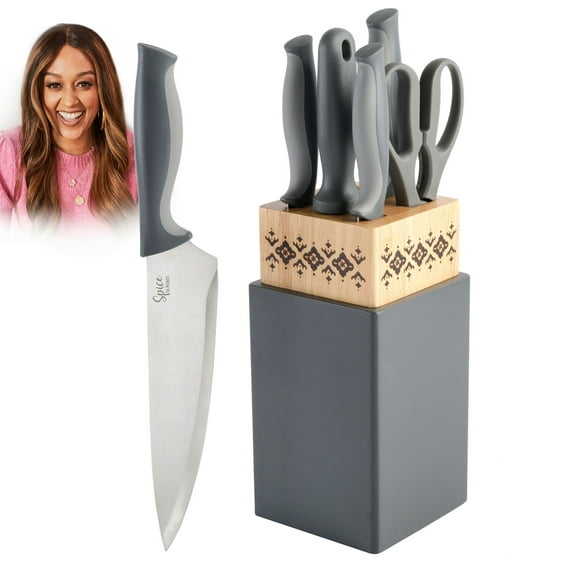 Spice by Tia Mowry - Savory Saffron Charcoal 7-Piece Cutlery set with Block