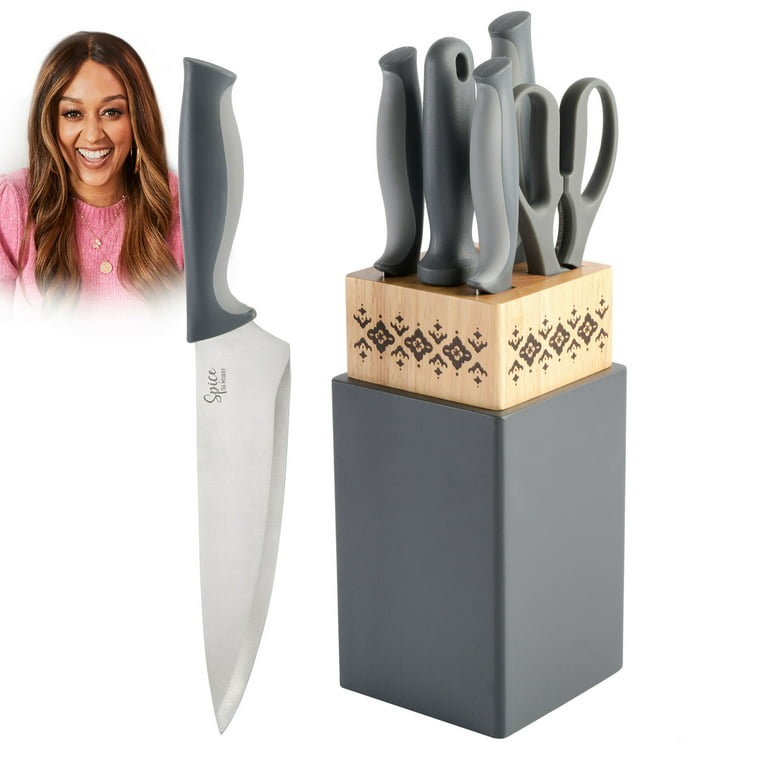Spice by Tia Mowry - Savory Saffron Charcoal 7-Piece Cutlery set with Block  