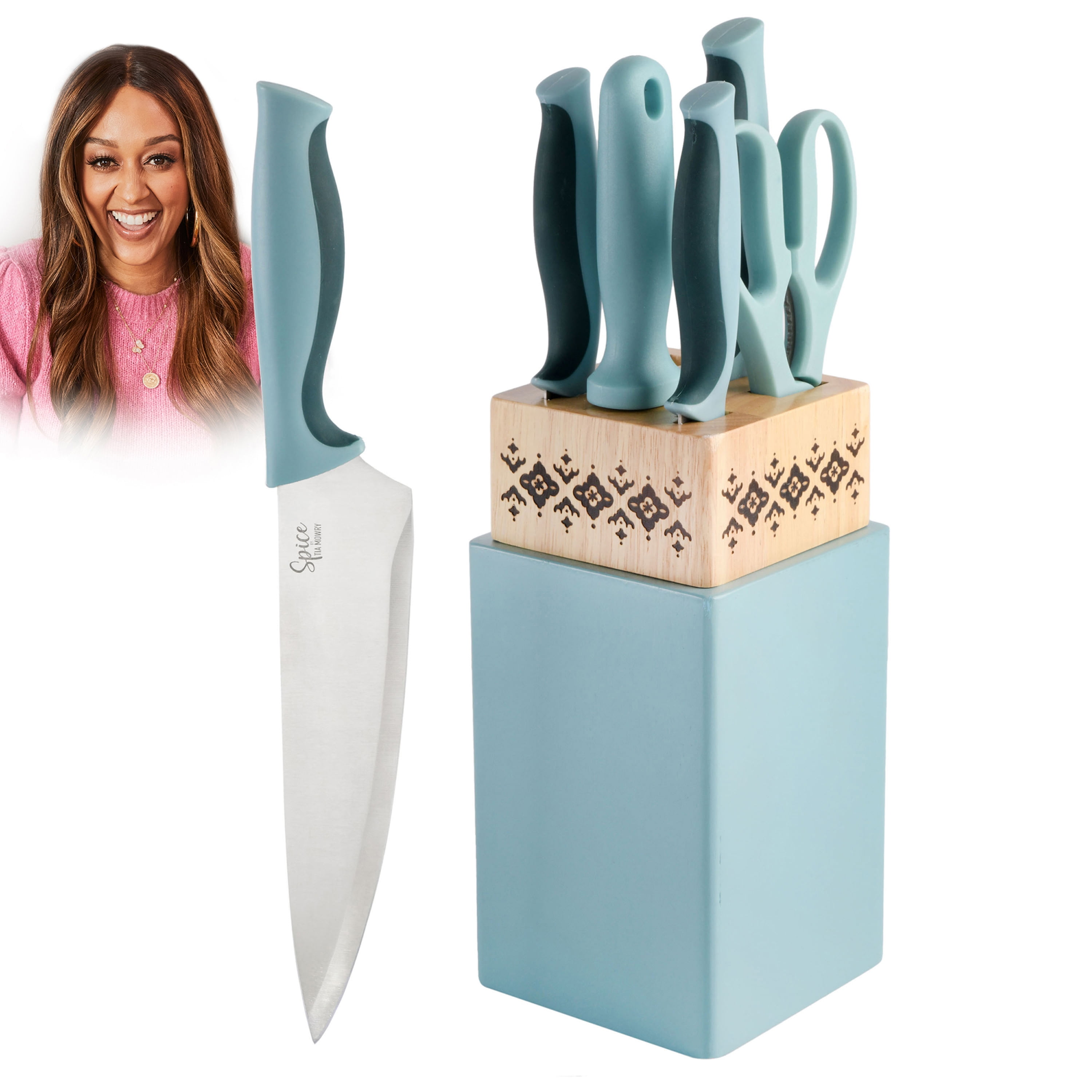 Spice by Tia Mowry - Savory Saffron Charcoal 7-Piece Cutlery set with Block  