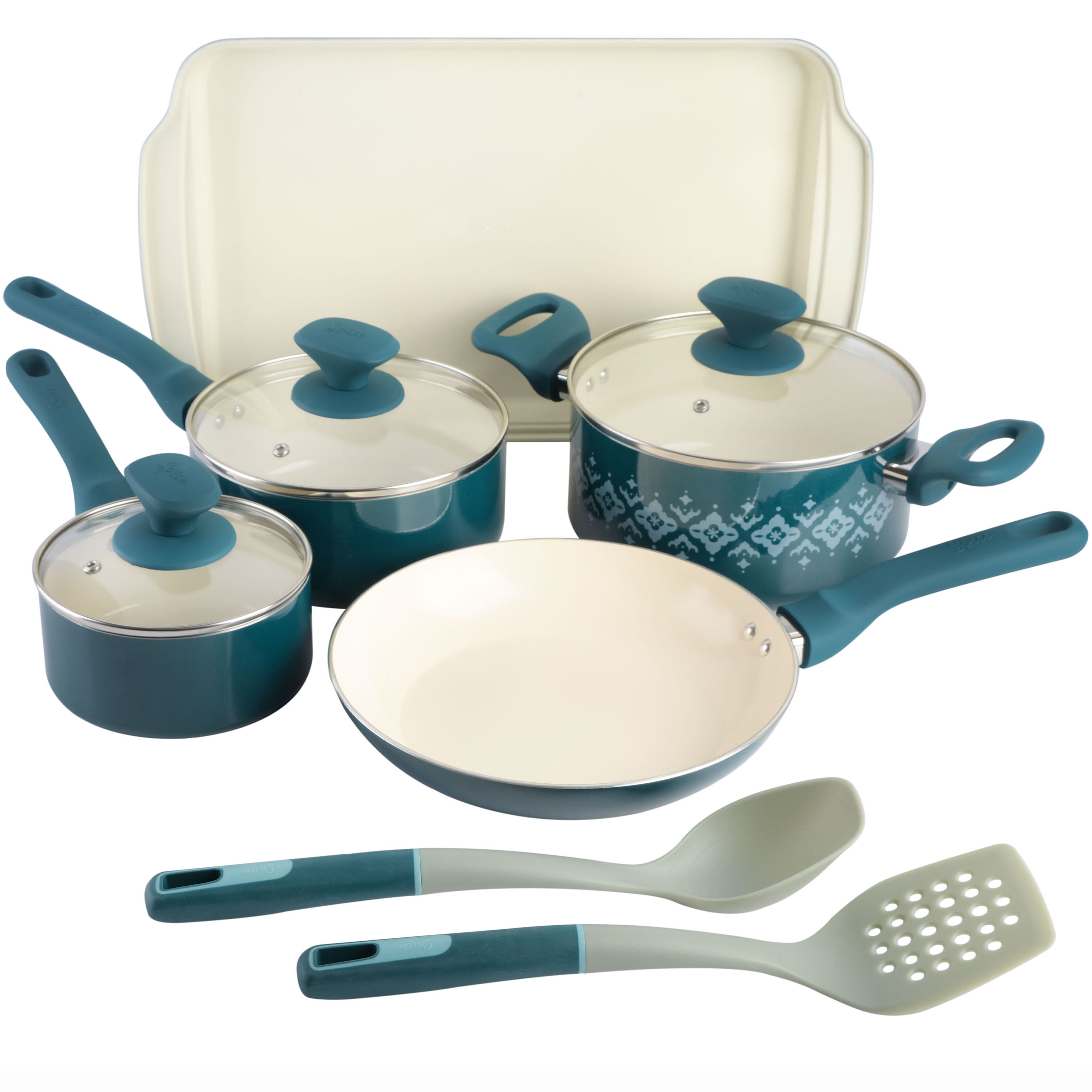 Spice BY TIA MOWRY Savory Saffron 7-Piece Ceramic Nonstick Aluminum Cookware  Set with Nylon Utensils in Teal 985118133M - The Home Depot