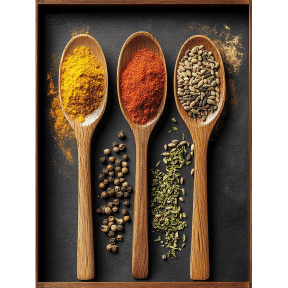 Spices and Herbs Wooden Spoons Decorative Art/Canvas Print, Suitable for Decorating Kitchen, Dining Room, Restaurant, Cafe, Bistro, Bar, Pantry and Culinary Space.