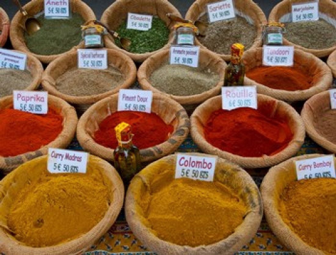 Spices for sale in a weekly market Arles Bouches-Du-Rhone Provence-Alpes-Cote dAzur France Canvas Art - Panoramic Images (36 x 28)
