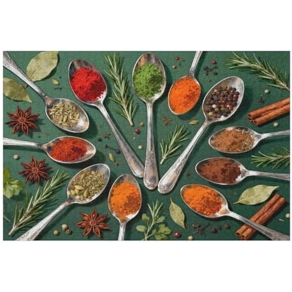 Spices on Spoon Wooden Puzzle 500 Pieces for Adults, Vintage Kitchen Collage Jigsaw Puzzle with World Spices, Unique Culinary Art Puzzle, 20.5x15 in