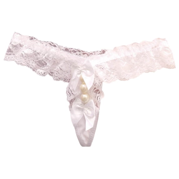 Spicy And Playful Lace Thong Seductive And Sexy Underwear Bow Tie Women's Pearl Transparent Color Matching Thong