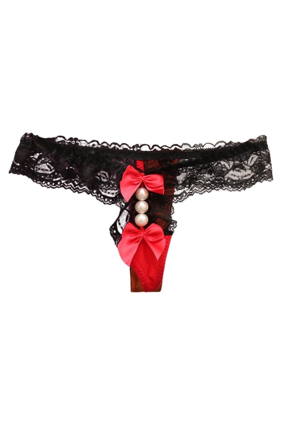 Spicy And Playful Lace Thong Seductive And Sexy Underwear Bow Tie Women's Pearl Transparent Color Matching Thong
