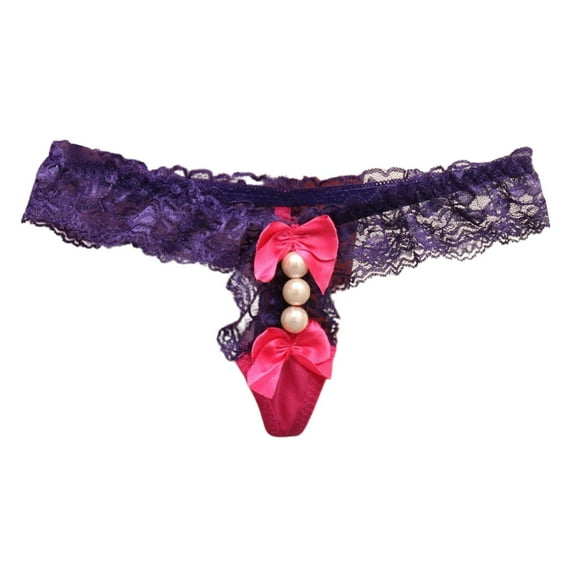 Spicy And Playful Lace Thong Seductive And Sexy Underwear Bow Tie Women's Pearl Transparent Color Matching Thong