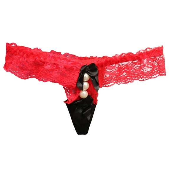 Spicy And Playful Lace Thong Seductive And Sexy Underwear Bow Tie Women's Pearl Transparent Color Matching Thong