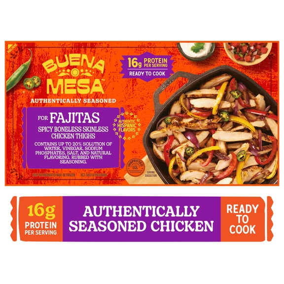 Buena Mesa Refrigerated Spicy Boneless Skinless Chicken Thighs for Fajitas, Fresh, Ready to Cook, 1.49 - 2.51 lb