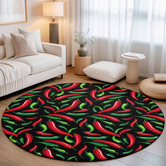 Spicy Chili Pepper Pattern Round Rug 5ft Red Green Peppers on Black Washable Area Rugs for Living Room Bedroom Entryway Non Slip Entrance Door Mat Indoor Floor Carpet