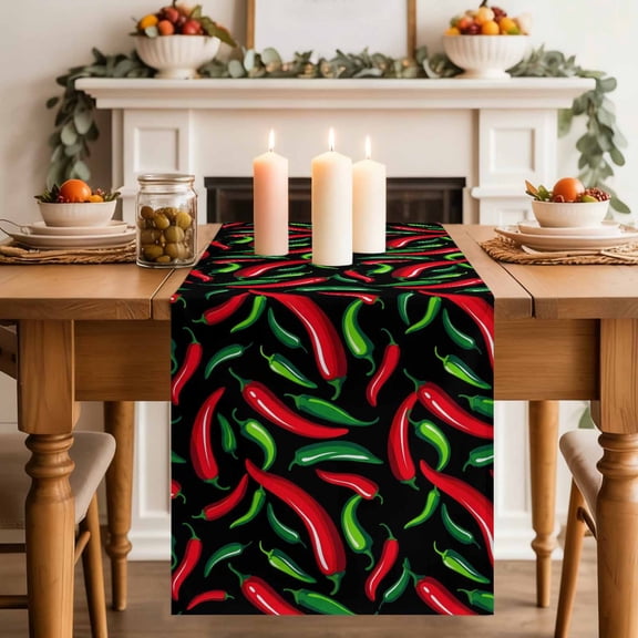 Spicy Chili Pepper Pattern Table Runner 13x72in Non-Slip Cotton Linen Table Runners, Red Green Peppers on Black Dresser Scarves TableRunner for Dinner Kitchen Dining Wedding Party