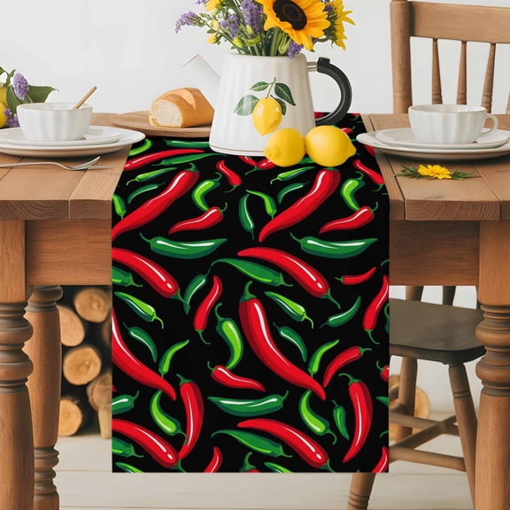 Spicy Chili Pepper Pattern Table Runner 36 Inches Long, Red Green Peppers on Black Table Runners Tabletop Scarf Kitchen Dining Tables Decoration for Home Party Indoor Outdoor