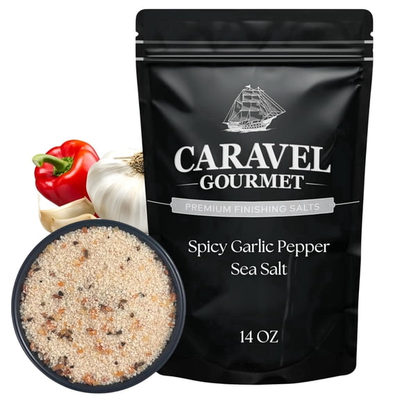 Caravel Gourmet Spicy Garlic Pepper Sea Salt with Bold Heat of Chili Pepper, Premium Garlic Salt Seasoning for Cooking, Rubs & Marinade, 14 Oz Pouch