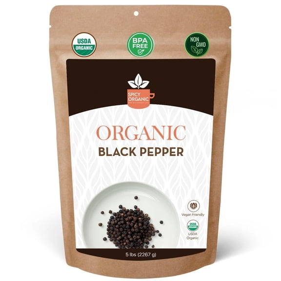 Spicy Organic Whole Black Peppercorns, 5 lb Bulk USDA Certified Organic Ceylon Black Pepper for Grinders, Seasoning & Marinades