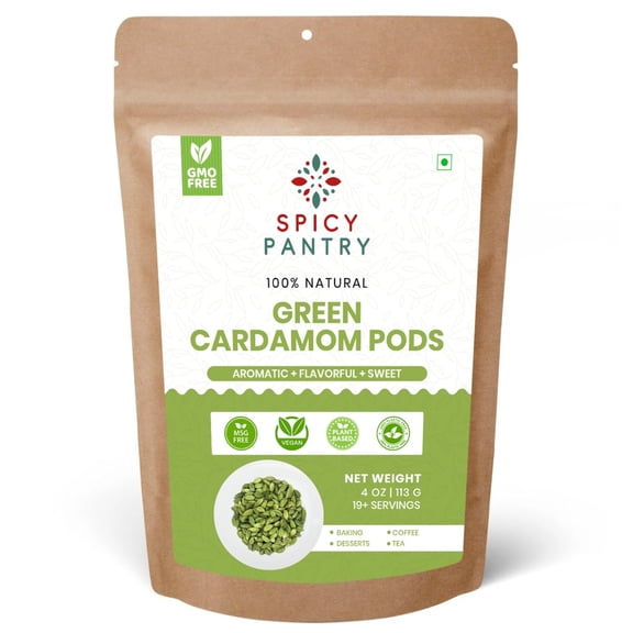 Spicy Pantry Green Cardamom Pods (4 oz)  Whole Cardamom Pods, 100% Natural, Aromatic Spice, No Additives, Resealable Bag