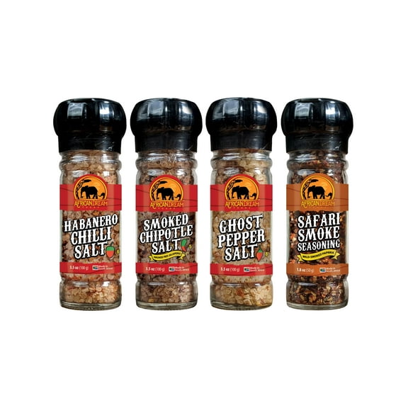 Spicy Salts and Seasonings Gift Box by African Dream Foods | 4-Pack Variety with Reusable Grinder | Safari Smoke Seasoning, Ghost Pepper Salt, Habanero Salt, Smoked Chipotle Salts | All-Natural