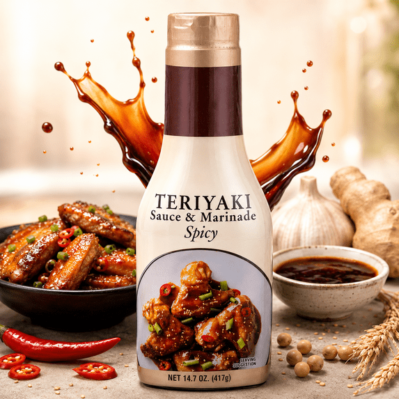Spicy Teriyaki Sauce & Marinade 14.7 oz - Sweet & Savory Asian Style BBQ Cooking Sauce for Wings, Stir Fry, Grilling & Dipping