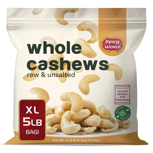 Spicy World Raw Cashews YPF5 Whole 5 Pound Bulk Unsalted, Natural