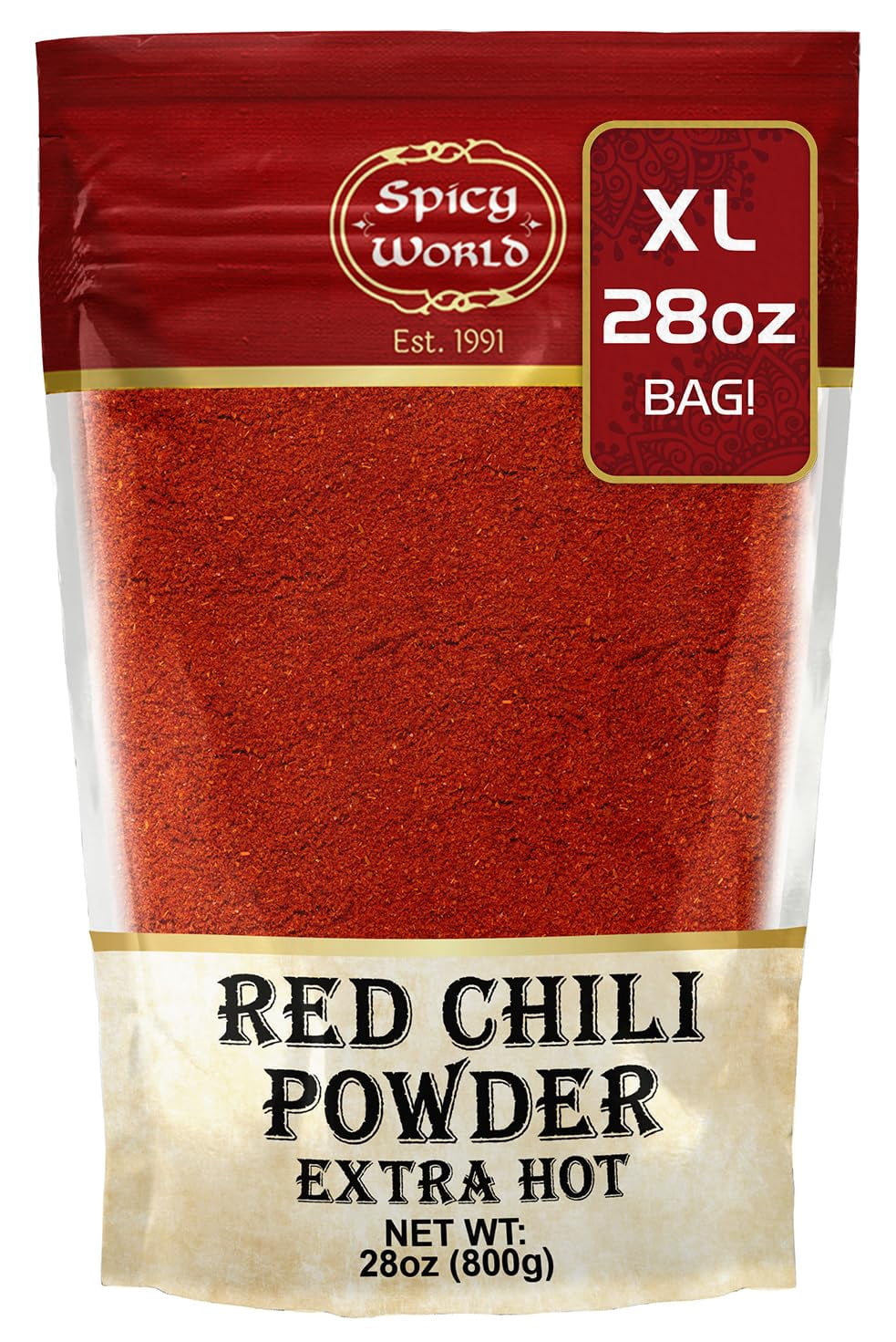 Spicy World Extra Hot Red Chili Powder - 28oz Jumbo Pack, Authentic Indian, Pure Ground Chilies