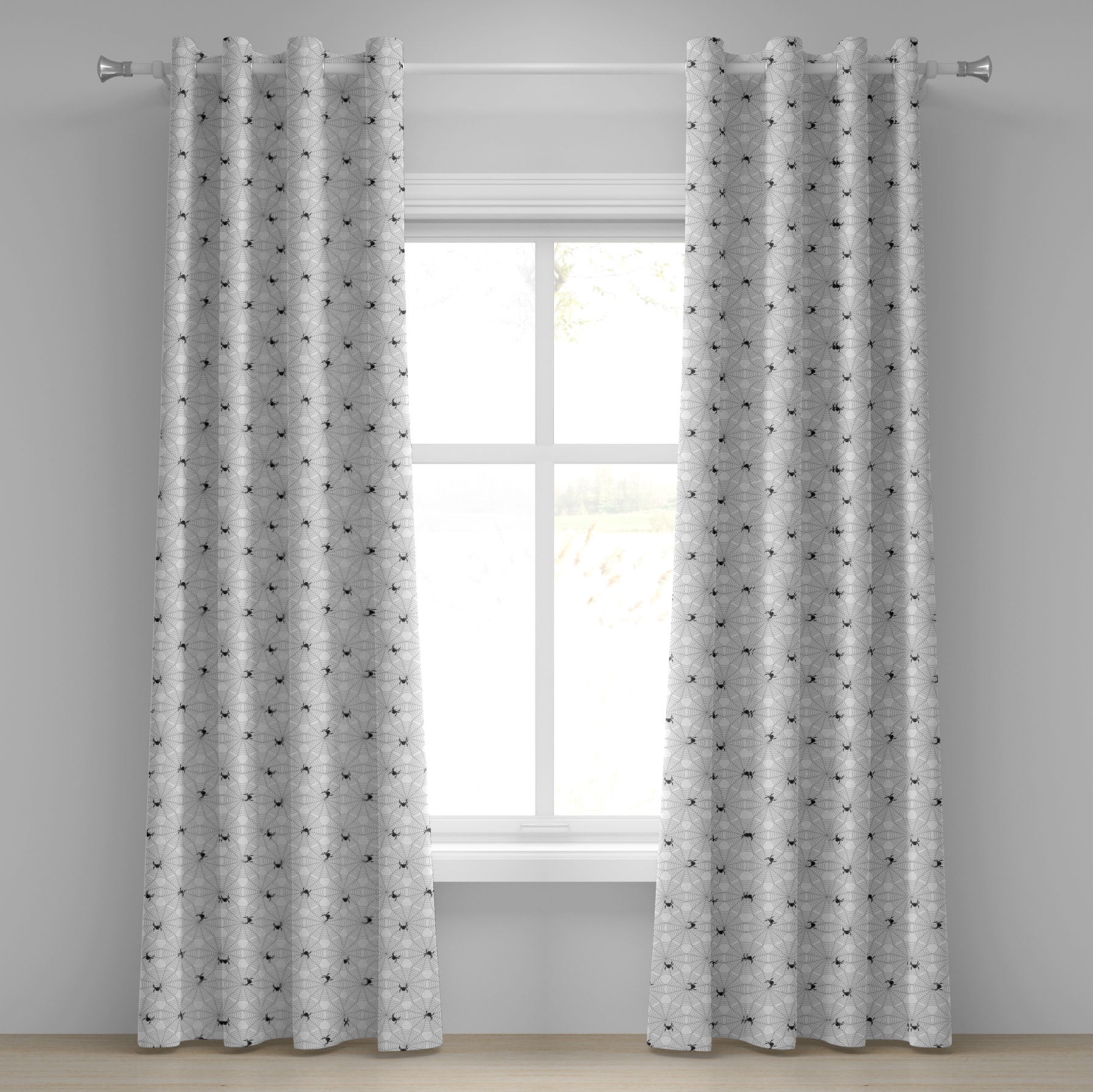 Spider  Grommet Curtain, Pale Colored s with Spiders Scary Black