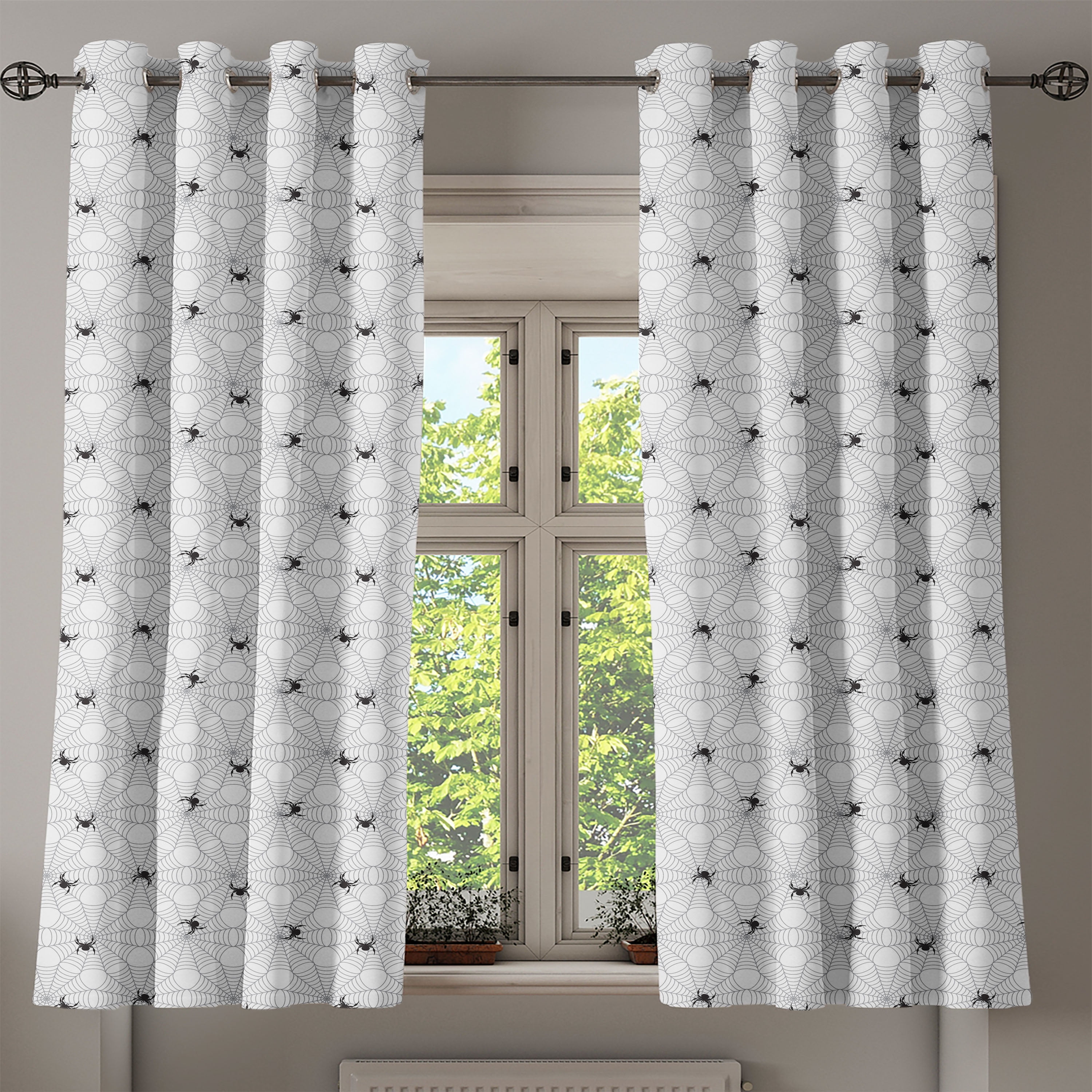 Spider  Grommet Curtain, Pale Colored s with Spiders Scary Black