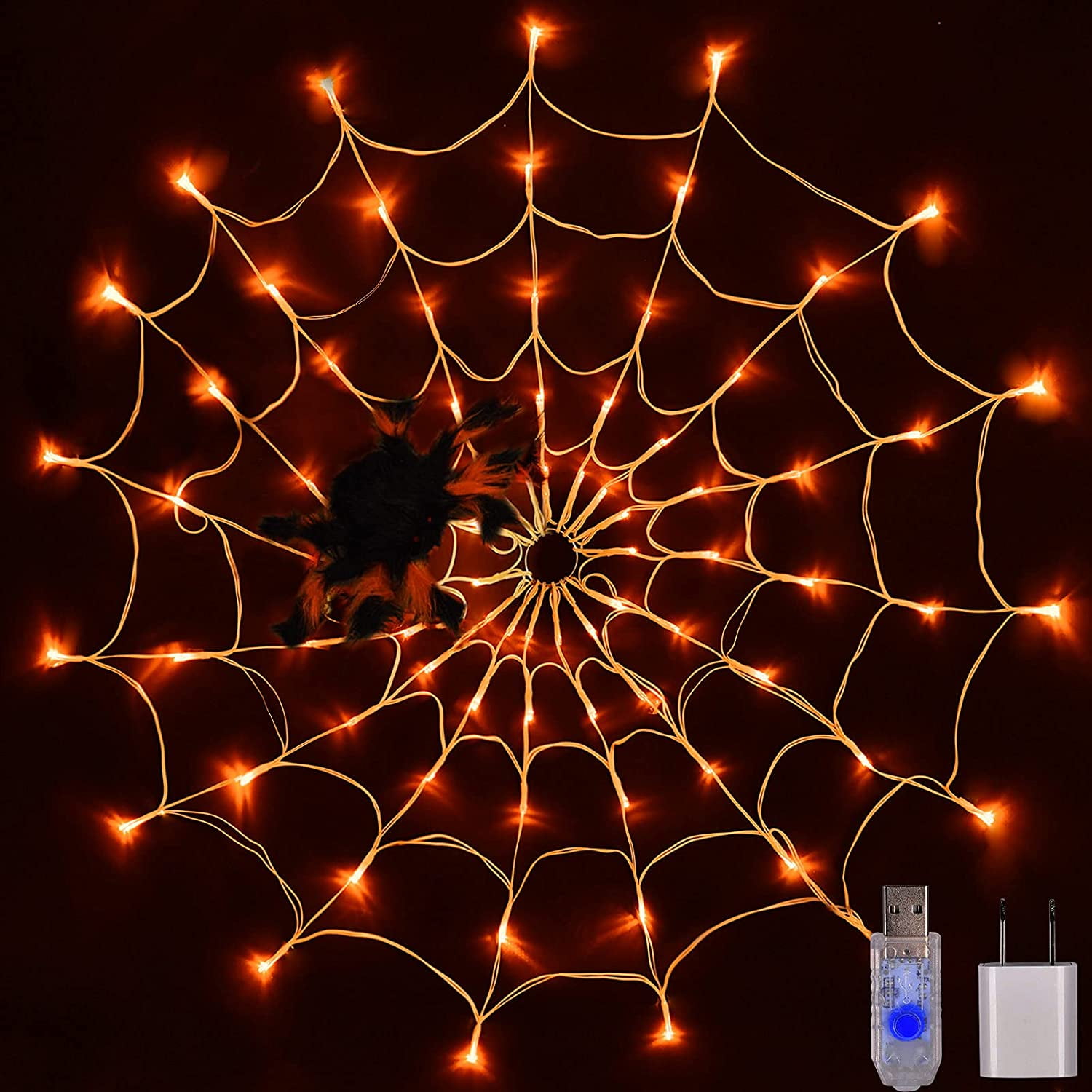 Spider  Lights, Halloween Lighted Orange 80LED Spider Net with