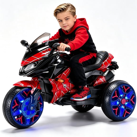 Spider 12V Kids Ride On Motorcycle for 3-6 Years Old, Manual Throttle,Light-Up Wheels,Music,PU Seat